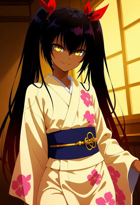 masterpiece, best quality, smile, looking at viewer, solo, master nemesis, long hair, black hair, ribbon, twintails, hair ribbon, yellow eyes, dark skin, dark-skinned female, japanese clothes, kimono, obi, wagashi, long sleeves, wide sleeves, ,<lora:ToLoveRu_Style_NAI:1.0>,