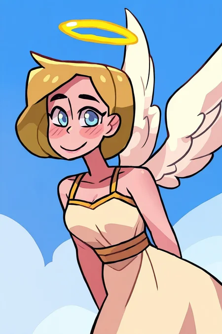 <lora:Monster_Prom:1>, Monster Prom, angel, 1girl, solo, blonde hair, wings, halo, blue eyes, smile, angel wings, blush, short hair, ribbon, dress, looking at viewer, feathered wings, bare shoulders, sky, blue sky, halo, flying, cloud, cloudy sky, dawn,