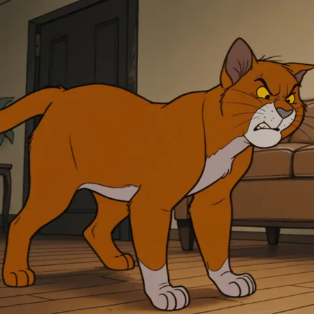 masterpiece, best quality, amazing quality, official artstyle,  t0momall3y, male, furry male, feral, solo, cat, orange fur, two-tone fur, yellow sclera, black eyes, grey nose, whiskers, ear tufts, tail, all fours, angry, looking aside, indoors, living room
