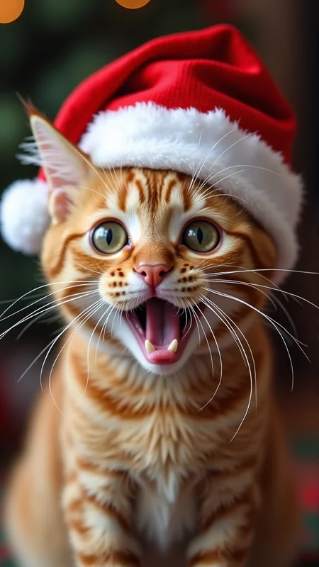 a surprised cat with a santa hat