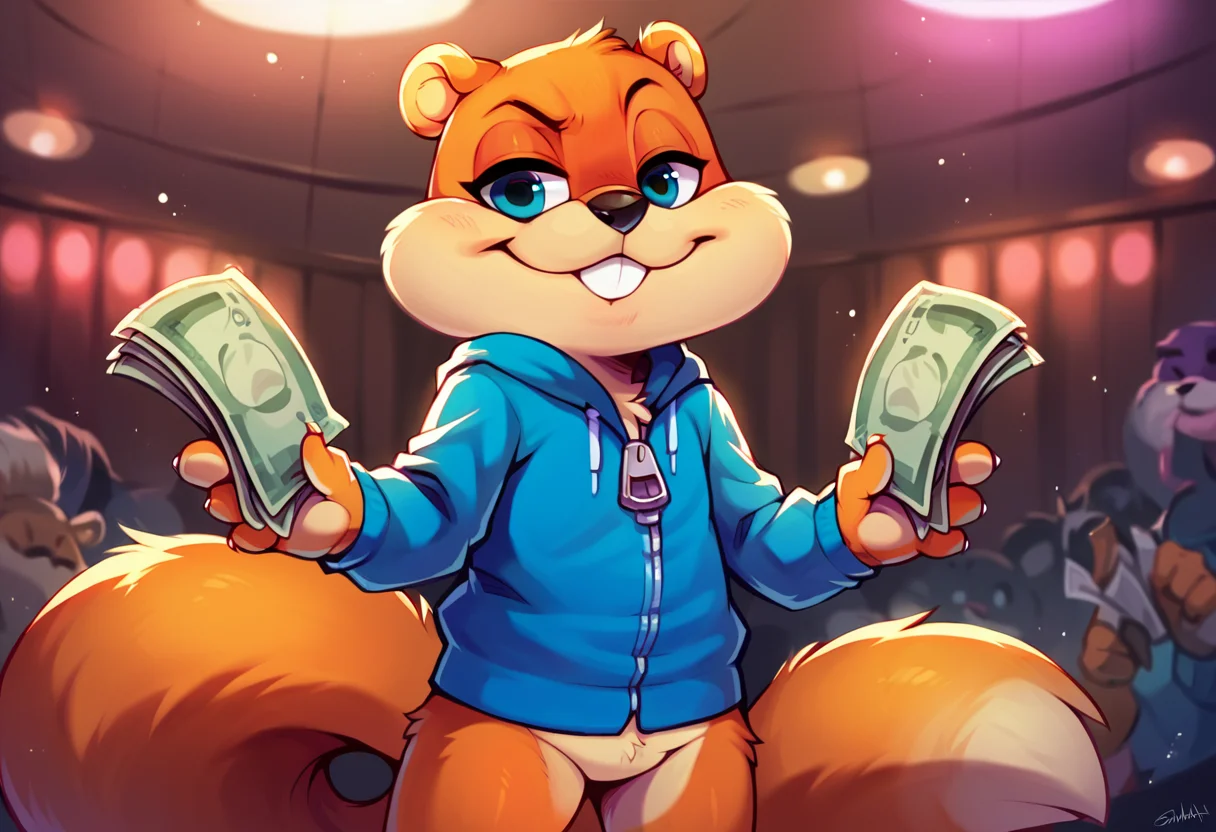 score_9, score_8_up, score_7_up, score_6_up, source_furry, solo, dof, strip club background, erotic dancers, <lora:CHARACTER_CONKER:1> conker, blue hoodie, holding money, throwing money, big smile, furry dancers in background, anthro furries in background