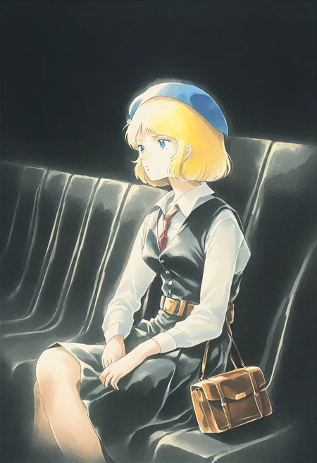 EnD_1980s_Style, 1980s (style), 1girl, bag, belt, beret, black skirt, blonde hair, blue eyes, handbag, hat, necktie, retro artstyle, shirt, short hair, shoulder bag, sitting, skirt, solo, traditional media, vest,cinematic angle, cinematic lighting, best quality, official art, masterpiece