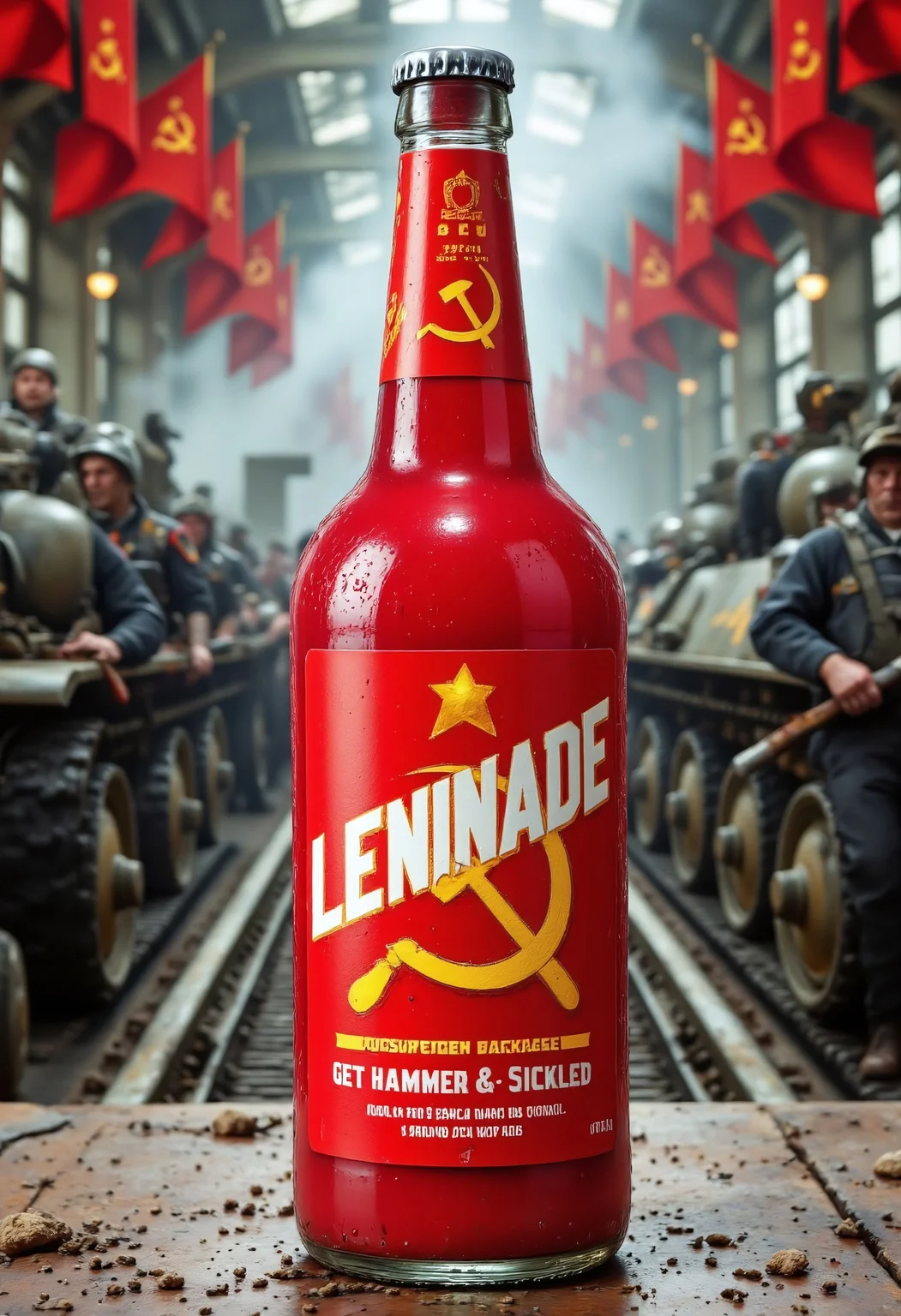 A satirical bottle of red lemonade labeled 'LENINADE,' designed with a bold Soviet-inspired theme, stands prominently in the foreground against the backdrop of a bustling Soviet tank factory. The bottle is sleek and cylindrical, featuring a bright red background with a large golden hammer and sickle logo prominently displayed in the center. The words "LENINADE" are written in bold, white block letters above the logo, with the tagline "Get Hammer & Sickled" beneath it in a large, vintage Soviet-style font. At the bottom right corner of the label, the text "70% ABV" is printed in smaller, clean white letters.
The background is filled with the hustle and bustle of a Soviet tank factory, where workers in overalls are seen moving around heavy machinery and half-assembled tanks. The air is thick with the sound of metal clanging and the smoky atmosphere of industrial labor. Soviet flags, with their iconic red background and golden hammer and sickle, wave proudly in the background, mounted on various parts of the factory and on the tanks themselves. The design of the bottle is clean, minimalist, and impactful, focusing on the hammer and sickle symbol and the bold text, evoking a humorous propaganda-style aesthetic that amusingly contrasts with the serious and industrious environment of the tank factory.