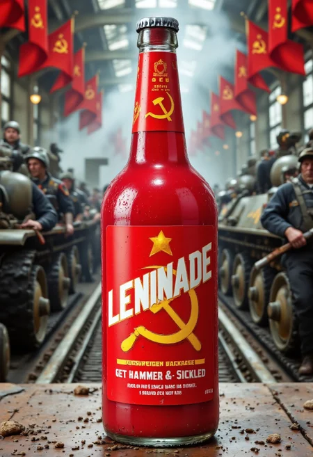 A satirical bottle of red lemonade labeled 'LENINADE,' designed with a bold Soviet-inspired theme, stands prominently in the foreground against the backdrop of a bustling Soviet tank factory. The bottle is sleek and cylindrical, featuring a bright red background with a large golden hammer and sickle logo prominently displayed in the center. The words "LENINADE" are written in bold, white block letters above the logo, with the tagline "Get Hammer & Sickled" beneath it in a large, vintage Soviet-style font. At the bottom right corner of the label, the text "70% ABV" is printed in smaller, clean white letters.
The background is filled with the hustle and bustle of a Soviet tank factory, where workers in overalls are seen moving around heavy machinery and half-assembled tanks. The air is thick with the sound of metal clanging and the smoky atmosphere of industrial labor. Soviet flags, with their iconic red background and golden hammer and sickle, wave proudly in the background, mounted on various parts of the factory and on the tanks themselves. The design of the bottle is clean, minimalist, and impactful, focusing on the hammer and sickle symbol and the bold text, evoking a humorous propaganda-style aesthetic that amusingly contrasts with the serious and industrious environment of the tank factory.