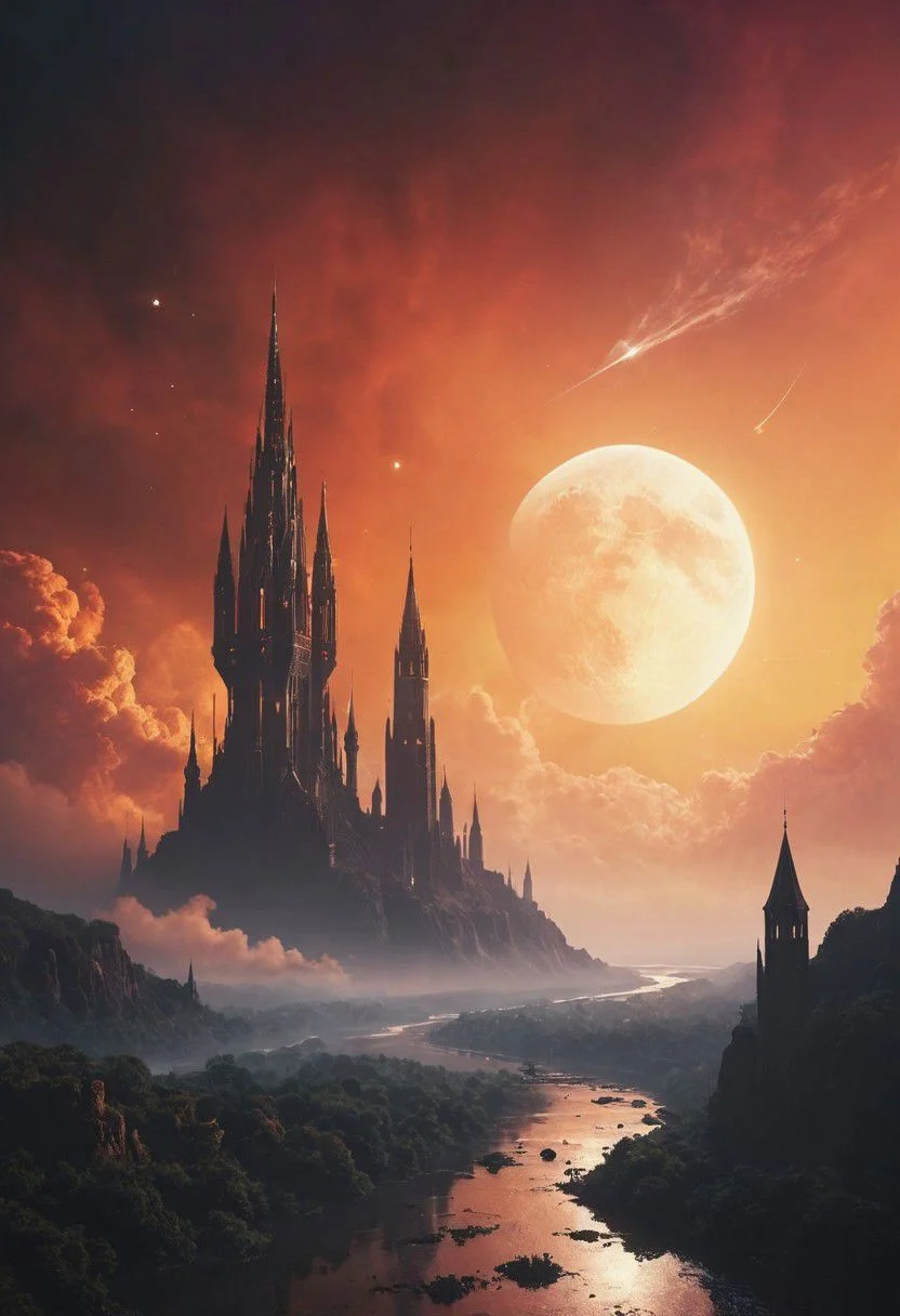 Seen from Outer space, floating in space, A Planet floating in outer space, with two dark towering modern-medieval towers standing side by side, reaching into the high clouds, connected by a bridge of some sort. Incorporate modern elements and windows into their design. infront of a colorful vibrant sunrise,
 atmospheric haze, Film grain, cinematic film still, highly detailed, high budget, cinemascope, moody, epic, OverallDetail, gorgeous, 2000s vintage RAW photo, photorealistic, candid camera, color graded cinematic, eye catchlights, atmospheric lighting, skin pores, imperfections, natural, shallow dof,