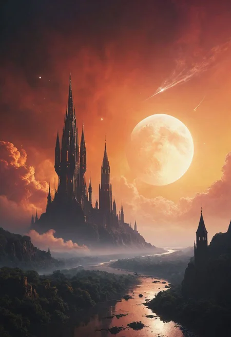 Seen from Outer space, floating in space, A Planet floating in outer space, with two dark towering modern-medieval towers standing side by side, reaching into the high clouds, connected by a bridge of some sort. Incorporate modern elements and windows into their design. infront of a colorful vibrant sunrise,
 atmospheric haze, Film grain, cinematic film still, highly detailed, high budget, cinemascope, moody, epic, OverallDetail, gorgeous, 2000s vintage RAW photo, photorealistic, candid camera, color graded cinematic, eye catchlights, atmospheric lighting, skin pores, imperfections, natural, shallow dof,