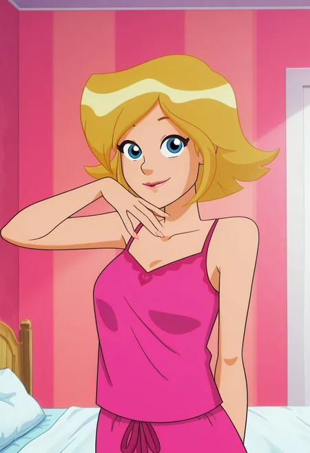 masterpiece, best quality, good quality, 1girl, solo, cartoon, totally_spies_2k24, cl0ver, blonde hair, blue eyes, pink pajamas, sexy, large breasts, beautiful, detailed, high detailed, very beautiful, detailed face, detailed eyes, detailed hand, fingernails, inside, bedroom, smile, posing, pose, looking at viewer, face focus