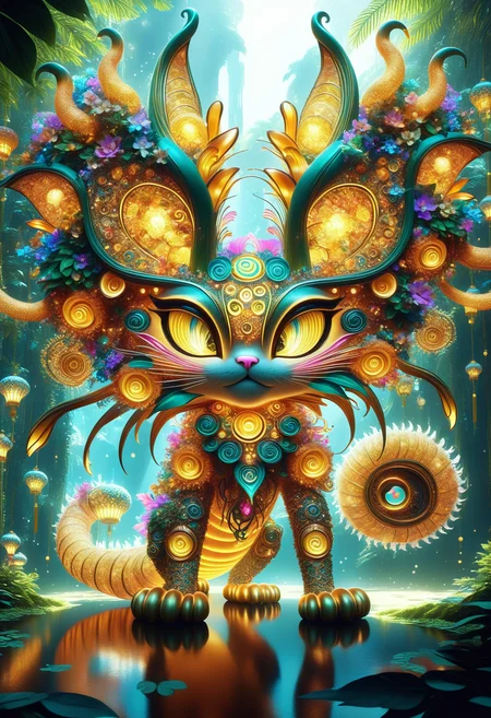 hyper detailed masterpiece,realistic,DonM1un4rN3wY34rXL big enigmatic root-like crisp fractal sentient being, digitigrade appendages, bushy-tailed, crystalized skin, cat ears, dragon wings, # curled horns, # in city abode in tropical rainforest biome,ornamented <lora:myLora\DonM1un4rN3wY34rXL-000006:.8>,
