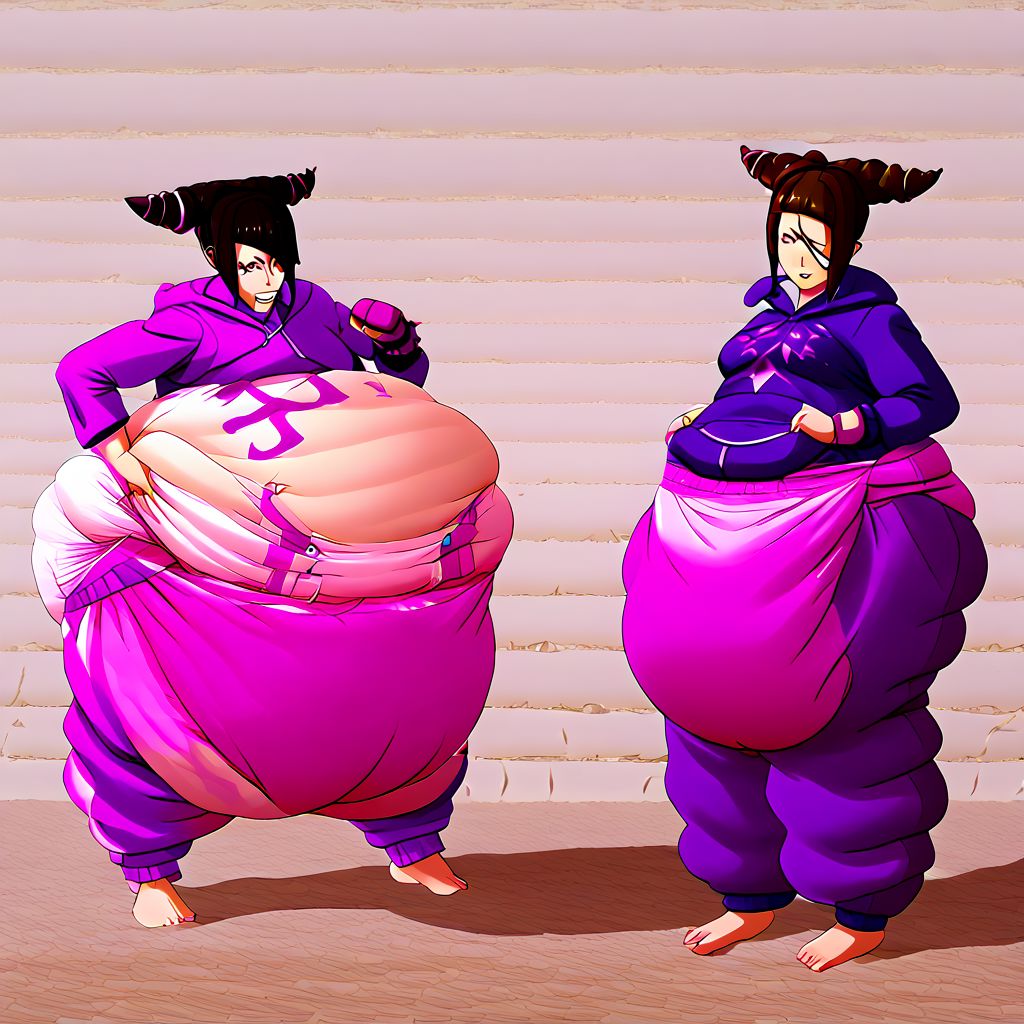 juri, juri han, street fighter, street fighter 6, fat, female, diaper, puffy diaper, big diaper, waddle, huge diaper, chubby, onesie, massive diaper, confident, anime, anime artsyle, weight gain, fat legs,