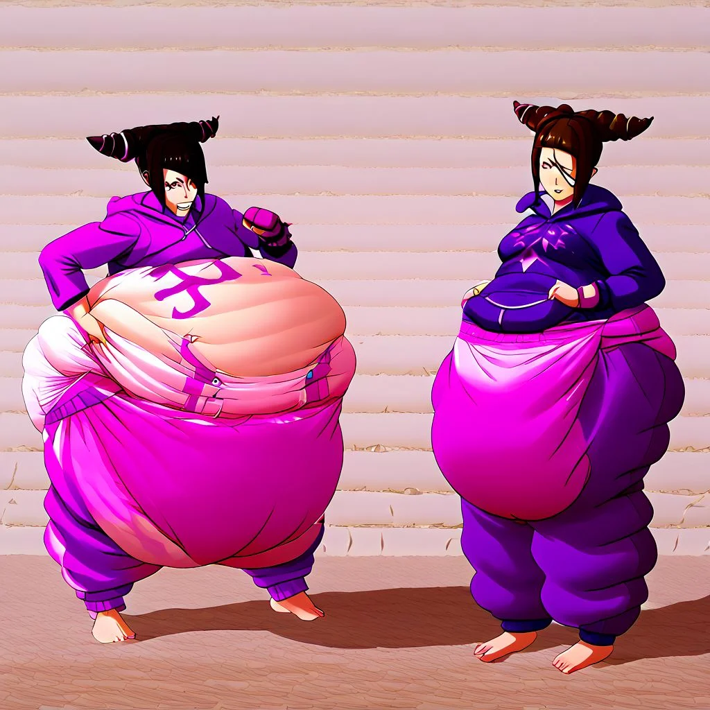juri, juri han, street fighter, street fighter 6, fat, female, diaper, puffy diaper, big diaper, waddle, huge diaper, chubby, onesie, massive diaper, confident, anime, anime artsyle, weight gain, fat legs,