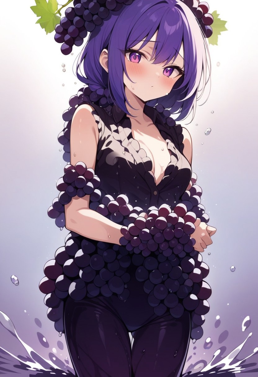 masterpiece, best quality, high quality, good quality, (a girl made from grapes), humanoid, focus face, splash water, flashing particles , depth of field, clean background, made from grapes<lora:ral-rawmeat:1>