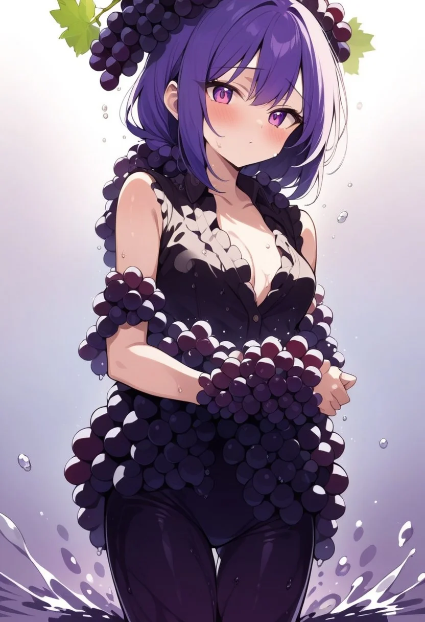 masterpiece, best quality, high quality, good quality, (a girl made from grapes), humanoid, focus face, splash water, flashing particles , depth of field, clean background, made from grapes<lora:ral-rawmeat:1>