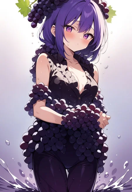 masterpiece, best quality, high quality, good quality, (a girl made from grapes), humanoid, focus face, splash water, flashing particles , depth of field, clean background, made from grapes<lora:ral-rawmeat:1>