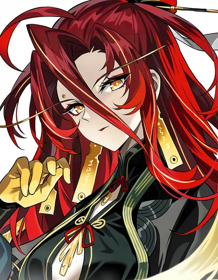 white background,simple background,looking at viewer,
<lora:chuyi_noob:1>,xytx-chuyi,1girl,solo,red hair,long hair,very long hair,earrings,yellow eyes,hair between eyes,hair ornament,tassel,jewelry,gloves,chinese clothes,dress,
masterpiece,best quality,very aesthetic,absurdres,