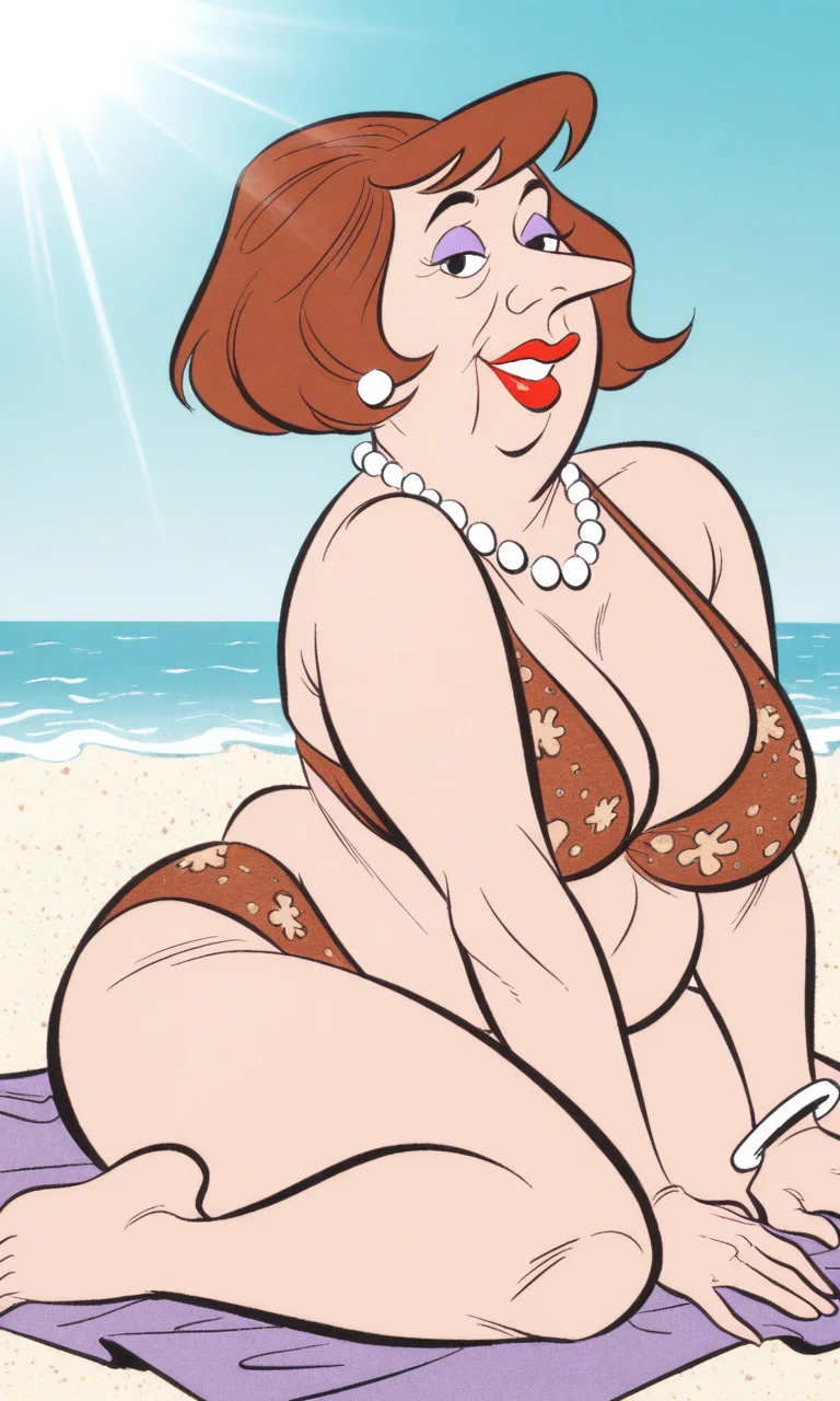 TremeC, 1girl, obese, fat, plump, brown short hair, black eyes, purple eyeshadow, red lipstick, white pearl earrings, white pearl necklace, bracelets, large breasts, parody, style parody, official style, bikini, midriff, bellybutton, barefoot, very awa, masterpiece, best quality, absurdres, perfect quality, detailed background, intricate details, close-up, cowboy shot, solo, solo focus, looking at viewer, smile, sitting on towel, beach, sunlight, dynamic pose,