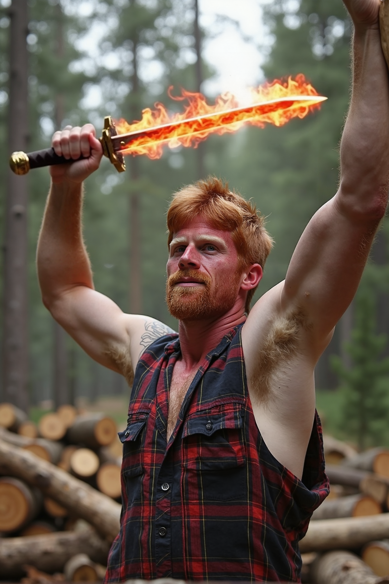A stunning high-resolution photograph of Aric, a striking ginger man,An action-packed close-up shot of Aric, the ginger warrior, standing ready with a sword of mesmerizing red and yellow fire. The flames dance with fantasy and excitement, casting a warm glow on his face, which exhibits fierce determination. In this serene forest background, ancient trees loom behind him, their trunks bathed in soft light, creating a magical contrast between the natural world and the fiery weapon he wields. The focus captures the intense moment as he prepares to strike, with the surrounding flora blending seamlessly into the magical scene. Created Using: macro photography, cinematic lighting effects, vibrant color interplay, expressive emotion, natural setting, action-oriented composition, high-definition detail, storytelling perspective