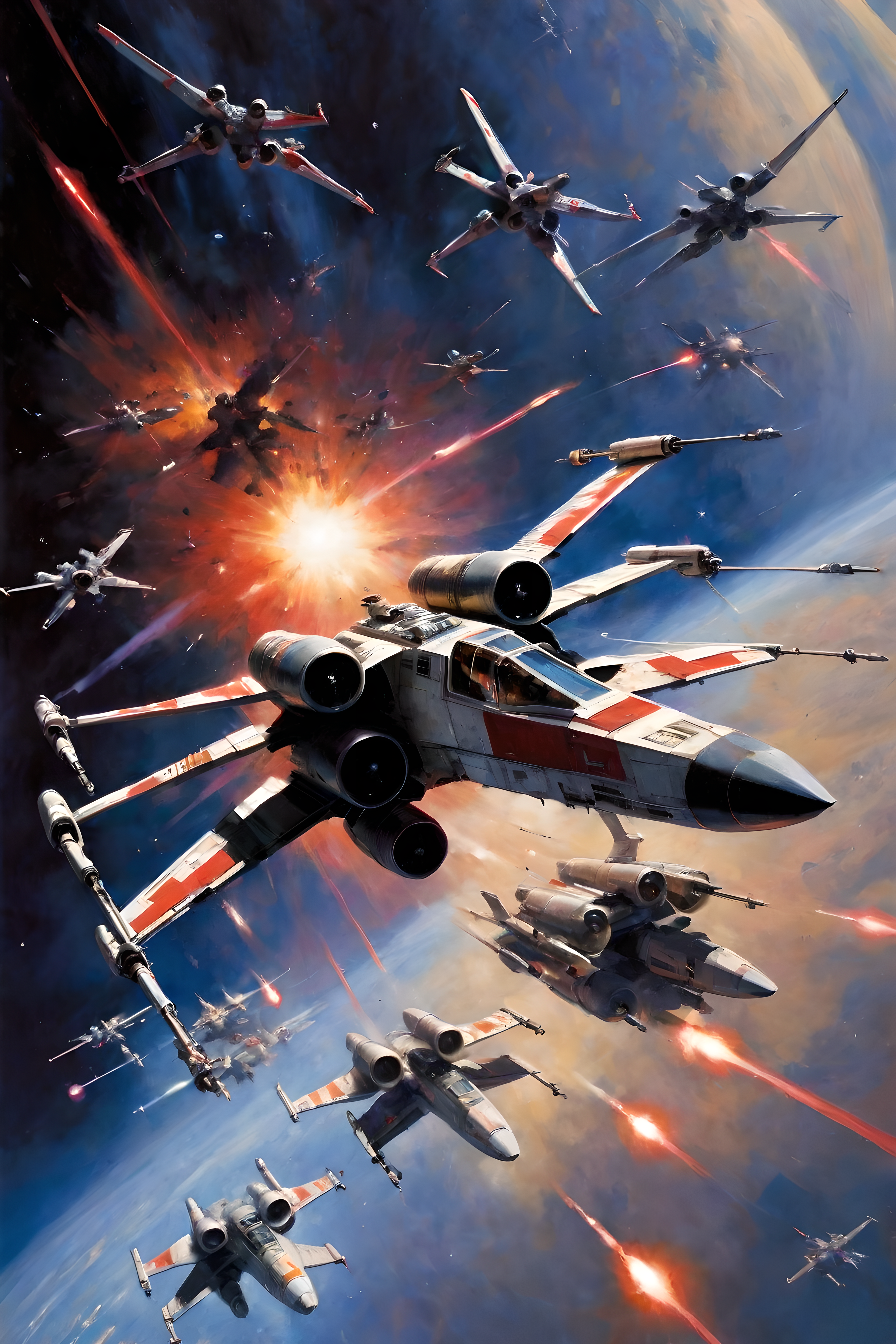 art by john berkey, a masterpiece, stunning detail, a rebellion X-Wing flying through the galaxy, firing red laser missiles, being chased by the empires tie-fighters, 