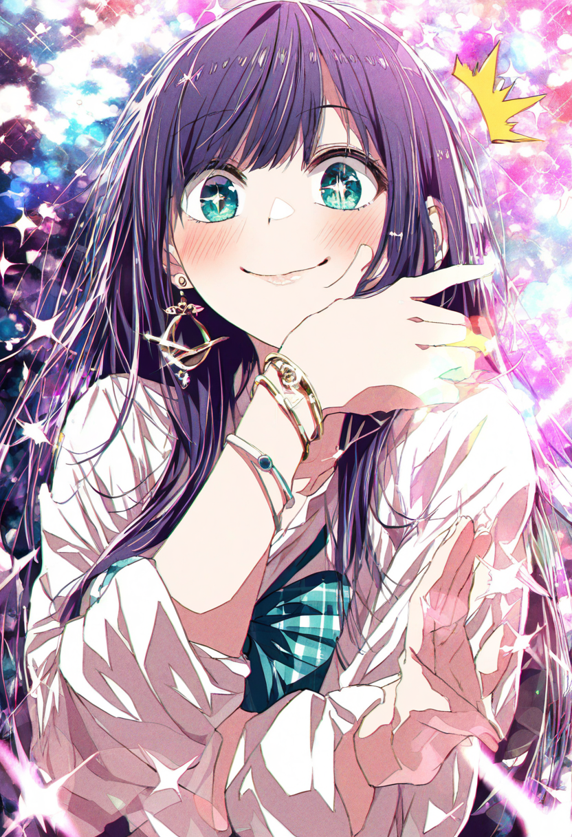 (masterpiece, high quality, amazing detail), year 2024, year 2023, highres, very awa, 4b-enpitsu, 1girl, ^^^, aqua eyes, purple hair, blush, bow, bracelet, closed mouth, constellation, diffraction spikes, doyagao, earrings, glint, jewelry, lens flare, light censor, long hair, plaid, rainbow background, shirt, sleeves rolled up, smile, sparkle background, sparkling eyes, sparks, stage lights
 <lora:ponyv4_noob1_2_adamW:0.3> <lora:easynegative:1>  <lora:4b-enpitsu_Style_XL:0.45>