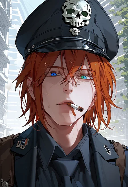 score_9, score_8_up, score_7_up, score_6_up, source_anime, 2d, 1boy, handsome boy, athletic body, manly boy, toned body, toned, male focus, solo, sweat, <lora:Chaos__Hero_Killer__Manhwa__webtoon:1>, Chaos, heterochromia, blue eye, green eye, auburn hair, medium hair, scars all over the body, closed lips, perface face, (perfect face, perfect eyes:1.2), looking at viewer, bishounen, toned male, athletic build, large pectorals, abs, six pack, pecs, cute boy in his mid twenties, hand holding a pistol, he is standing in the park at nighttime, detailed background, lamppost, <lora:warden-ponyxl-lora-nochekaiser_r1:1>, skull hat ornament, uniform, military uniform, black uniform, hat, cap, black cap, armband, collared shirt, black necktie, hand behind back, straight posture, swastikas armband, empty expression, pointing a gun at viewer, pistol, ciginmouth, <lora:ciginmouth:0.7>, smoking, Cigarette in mouth, smoke, heterochromia, blue eye, green eye