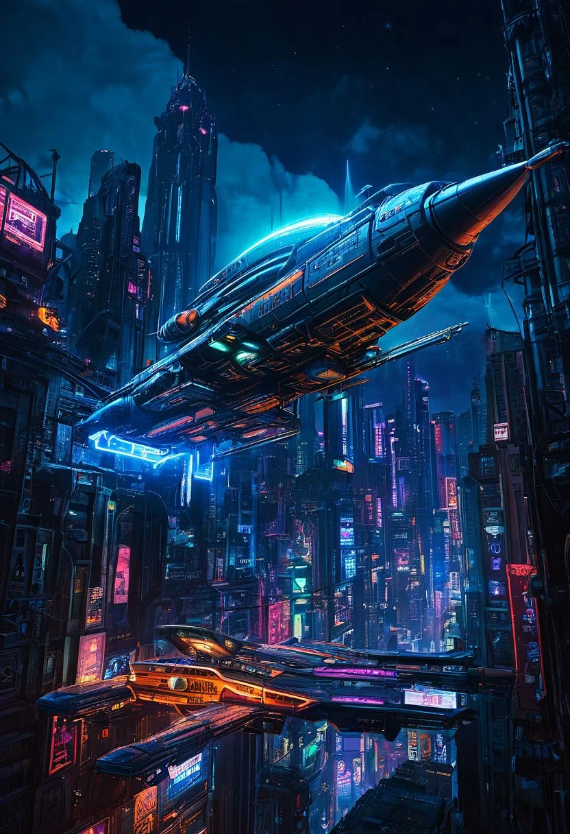 detailed artwork of cbbebop spaceship over a cyberpunk city at night detailed, neon lights, epic sky, undefined