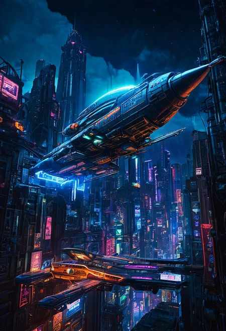 detailed artwork of cbbebop spaceship over a cyberpunk city at night detailed, neon lights, epic sky, undefined