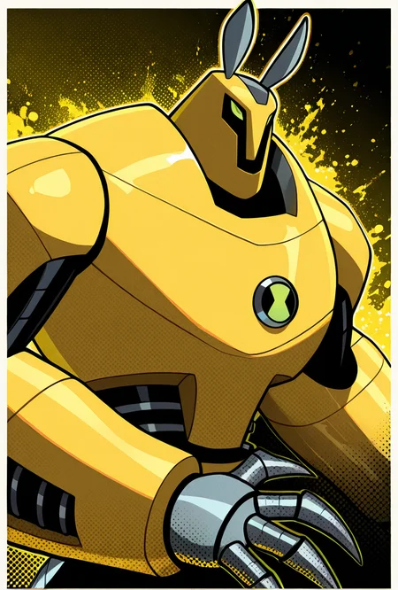 <lora:armadrillo-09:1> armadrillo, robot, claws, yellow armor, grey tail, antennae, green eyes, yellow background,, masterpiece, best quality, amazing quality, very aesthetic, absurdres, newest,, upper body, halftone effect, white borders, abstract background:1.2,