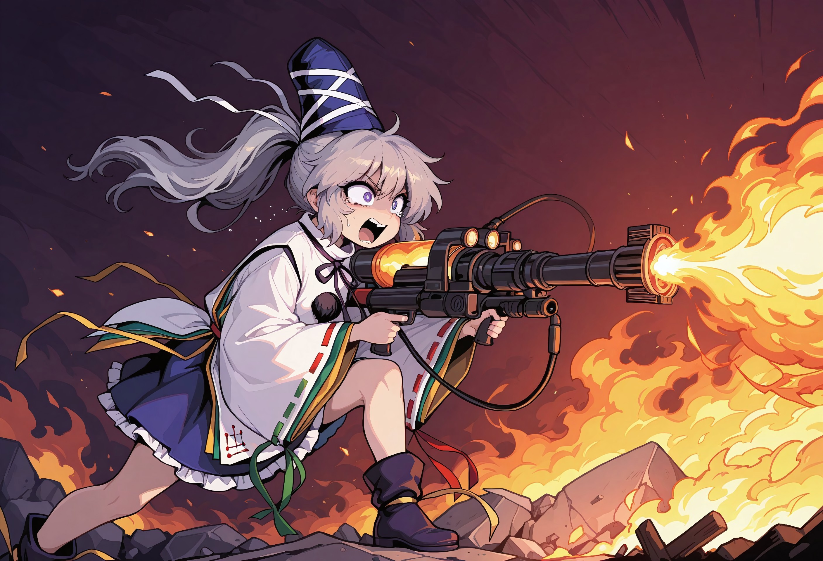 masterpiece, best quality, amazing quality, absurdres, colorful, very aesthetic, 1girl, solo, mononobe no futo, crazy eyes, tears, fearful, (complete psycho, maniacal laugh), going mentally insane, expressive, open mouth, (aiming away), flamethrower, holding flamethrower, charging massive fireball, charging flamethrower attack, close up, from side, standing on rubble, arson, burning buddhist temple
