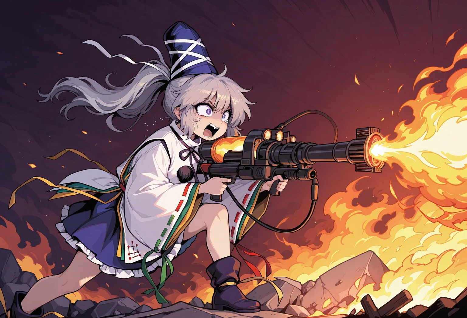 masterpiece, best quality, amazing quality, absurdres, colorful, very aesthetic, 1girl, solo, mononobe no futo, crazy eyes, tears, fearful, (complete psycho, maniacal laugh), going mentally insane, expressive, open mouth, (aiming away), flamethrower, holding flamethrower, charging massive fireball, charging flamethrower attack, close up, from side, standing on rubble, arson, burning buddhist temple