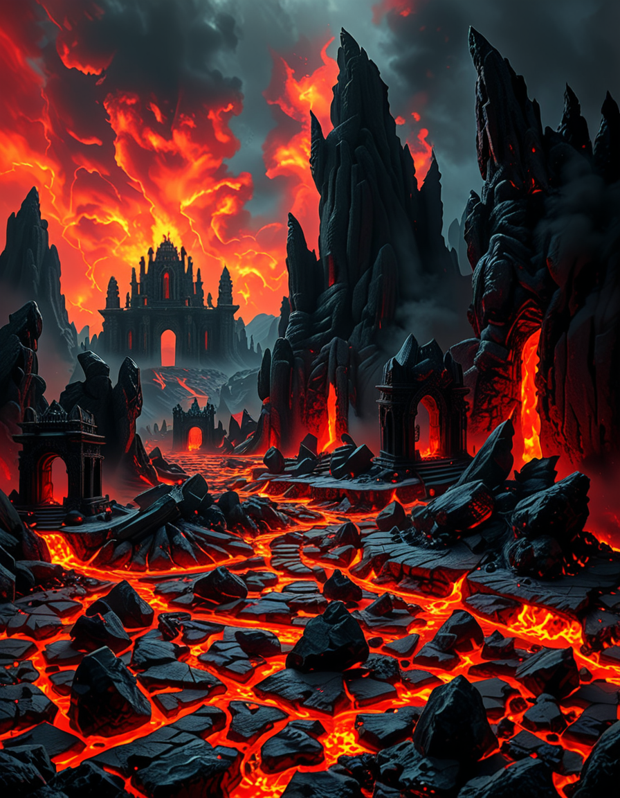 A terrifying and surreal depiction of the depths of Hell. The landscape is vast and nightmarish, filled with jagged obsidian cliffs, rivers of molten lava, and towering spires of blackened rock. The sky is a swirling vortex of crimson and black, illuminated by eerie, flickering flames. Chains dangle from massive, decaying arches, and tormented souls writhe in agony, their ghostly figures stretching toward the burning sky. Demonic creatures with twisted horns and glowing eyes lurk in the shadows, watching hungrily. The ground is cracked and scorched, exhaling thick plumes of sulfuric smoke. In the distance, a colossal, menacing throne made of skulls and bones looms over the infernal landscape, occupied by a shadowy, horned figure. The atmosphere is thick with despair, enhanced by a dramatic, chiaroscuro lighting effect that contrasts the deep shadows with the hellish glow of the flames. Hyper-realistic, highly detailed, dark fantasy style.
<lora:SDXLFaeTastic2400:0.4> <lora:extremely_detailed:0.4> extremely detailed,<lora:depths_of_h3ll:1>,depths of h3ll, Masterpiece,best quality,hi res,8k,hi res,8k,award winning,(sharp focus, intricate, highly detailed),