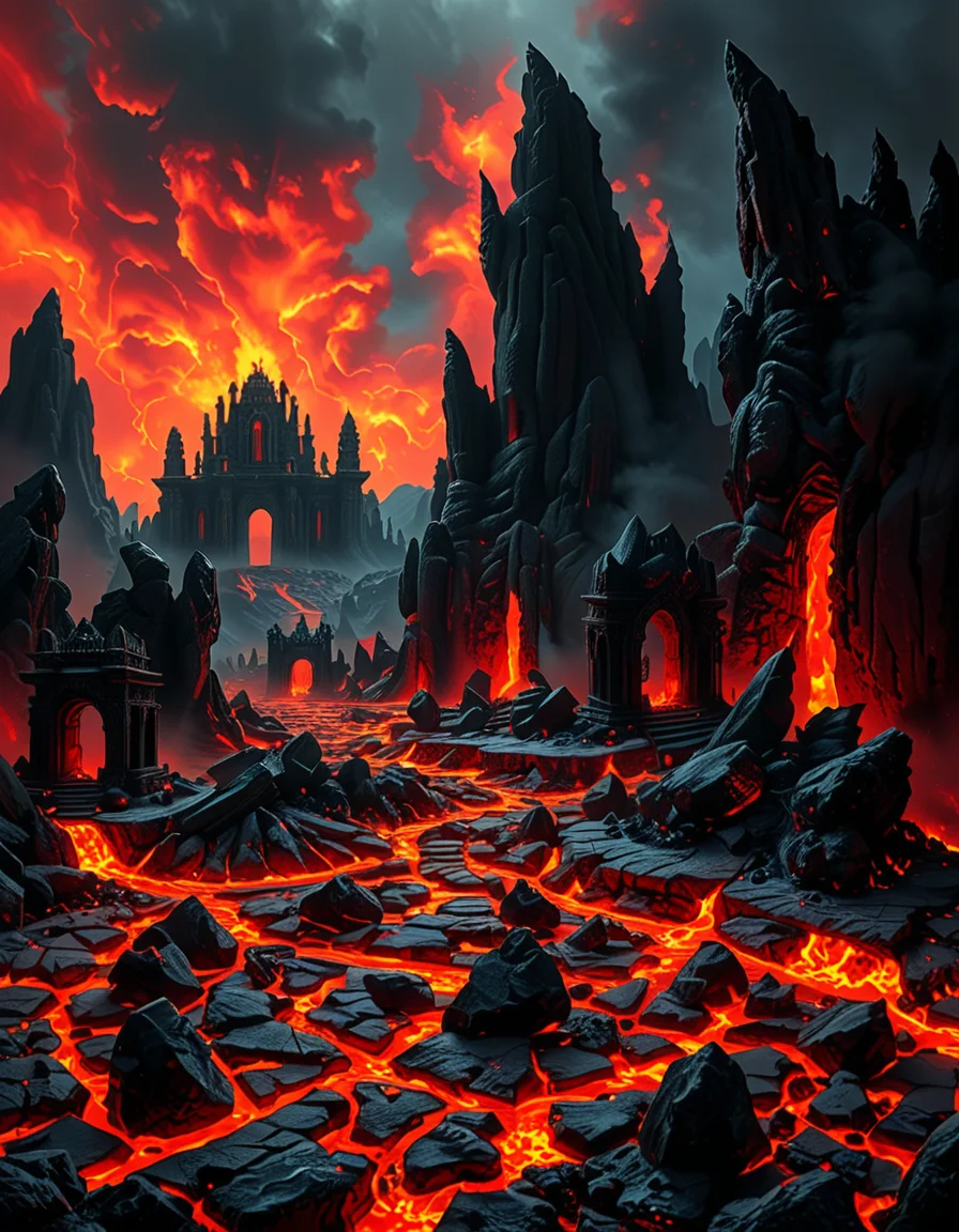 A terrifying and surreal depiction of the depths of Hell. The landscape is vast and nightmarish, filled with jagged obsidian cliffs, rivers of molten lava, and towering spires of blackened rock. The sky is a swirling vortex of crimson and black, illuminated by eerie, flickering flames. Chains dangle from massive, decaying arches, and tormented souls writhe in agony, their ghostly figures stretching toward the burning sky. Demonic creatures with twisted horns and glowing eyes lurk in the shadows, watching hungrily. The ground is cracked and scorched, exhaling thick plumes of sulfuric smoke. In the distance, a colossal, menacing throne made of skulls and bones looms over the infernal landscape, occupied by a shadowy, horned figure. The atmosphere is thick with despair, enhanced by a dramatic, chiaroscuro lighting effect that contrasts the deep shadows with the hellish glow of the flames. Hyper-realistic, highly detailed, dark fantasy style.
<lora:SDXLFaeTastic2400:0.4> <lora:extremely_detailed:0.4> extremely detailed,<lora:depths_of_h3ll:1>,depths of h3ll, Masterpiece,best quality,hi res,8k,hi res,8k,award winning,(sharp focus, intricate, highly detailed),