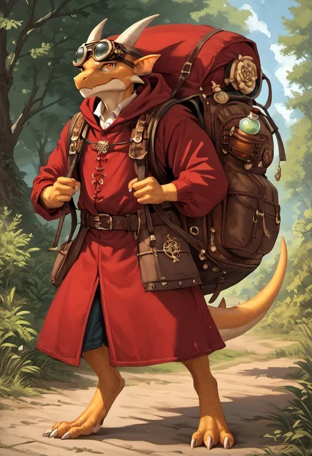 goblin, 1boy, golden skin, Kobold, furry dragon, slender body, small, adult,  tail, short stature, full body, score_9, score_8_up, score_7_up, fighting pose, looking at viewer, holding crossbow , score_6_up, alchemist bomber, goggles on head, pathfinder portrait, potions, potion belt, red robes, golden ornaments, jewellry, junk on backpack, (((enormous backpack, silly huge backpack, gigantic backpack))),  rpg portrait, gop, oil painting \(medium\), texture, looking at viewer, tail