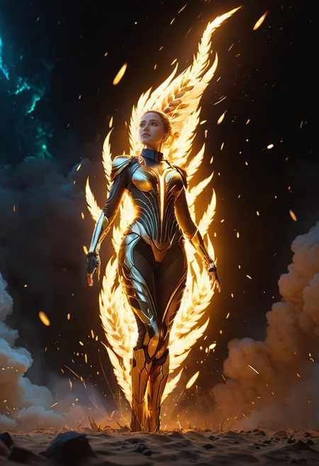 (masterpiece), (best quality), Wheat colored Chandra, Awakened Inferno in Sci-Fi Art style, low-key lighting, lo-fi, glow, dynamic cinematic lighting, ray_tracing, global illumination, masterful composition, dynamic movement