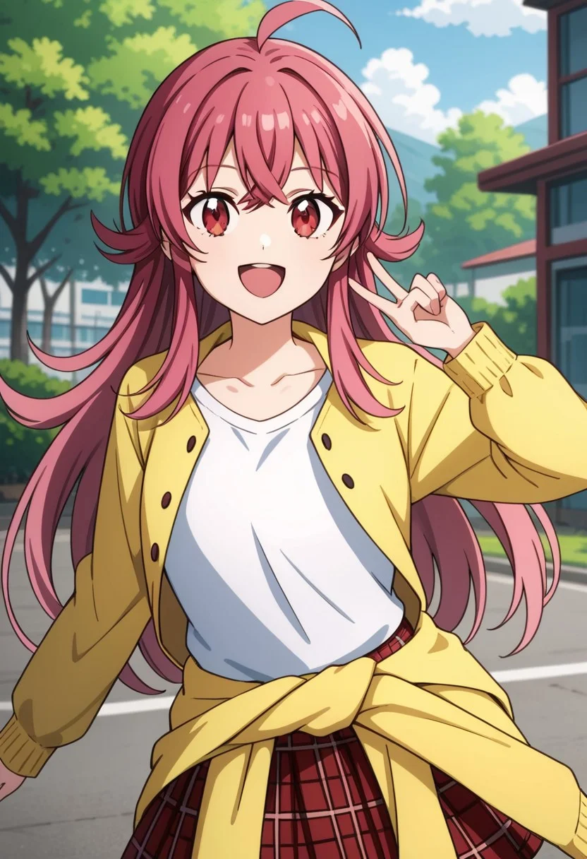 score_9, 1girl, solo, komiya kaho, pink red hair, long hair, ahoge, red eyes, smile, open mouth, yellow jacket around waist, skirt, shirt, plaid skirt, long sleeve shirt, outdoors