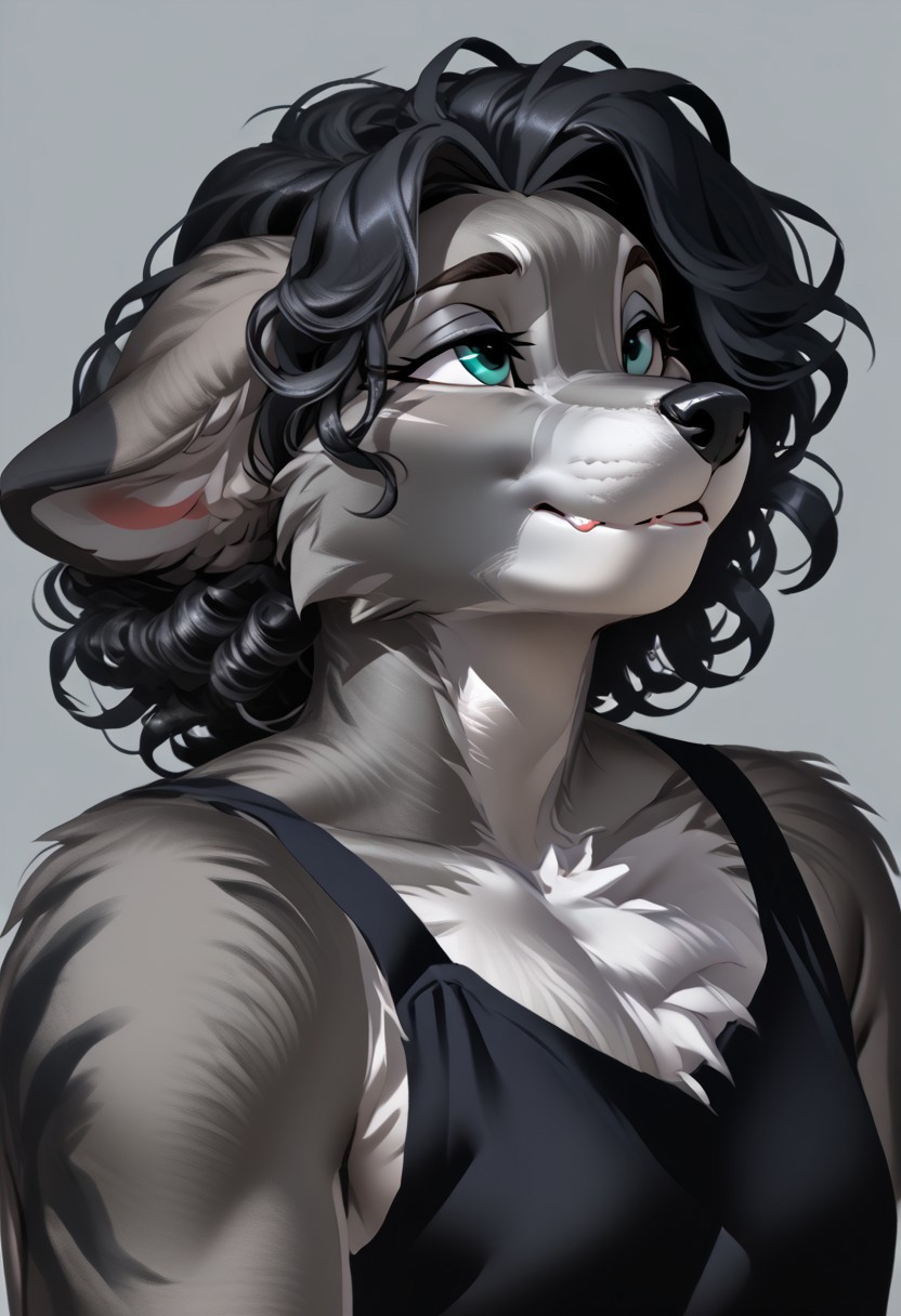 score_9, score_8_up, score_7_up, (by kittydee:1.5), (by jailbird:1.5), (by zummeng:1.5), masterpiece, best quality, (solo), 
(Furry Art: Anthro: Greyhound:1.5), expressive eyes, feminine eyes, perfect face, feminine face, dog, canine, slim build, long snout, floppy ears, small breasts, perfect face, (grey fur:1.5), teal eyes, black hair, (curly hair),
