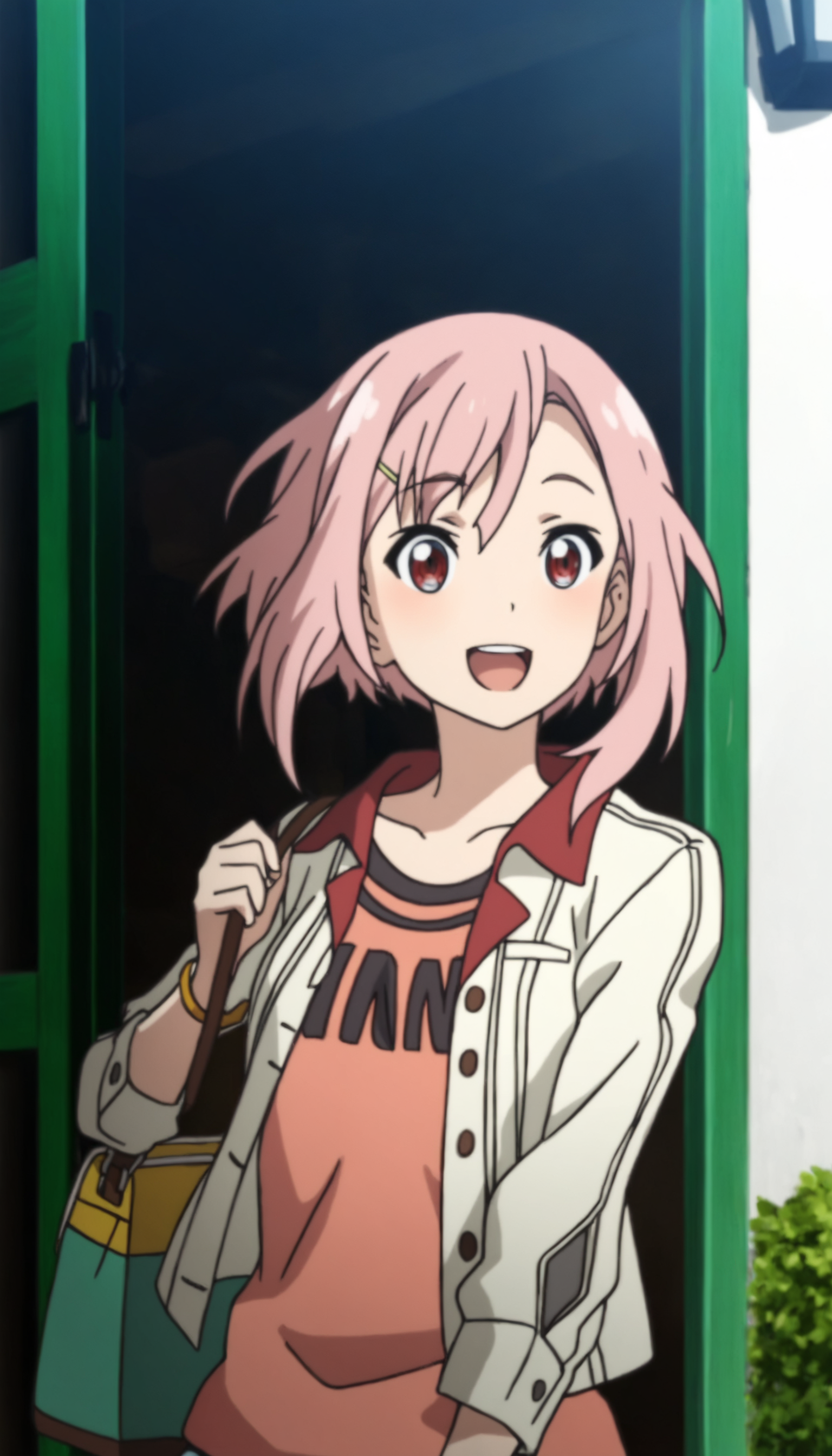 masterpiece,best quality,amazing quality,
<lora:yoshinokoharuNAI:1>,yoshinokoharu,
1girl,solo,pink hair,short hair,bangs,yellow hairpin,red eyes,white jacket,orange tank top,character print on tank top,yellow bracelet,upper body,bouncing hair,open smile,running,a green shoulder bag,outdoors,day,green door,lamp,green window frame,white wall,
