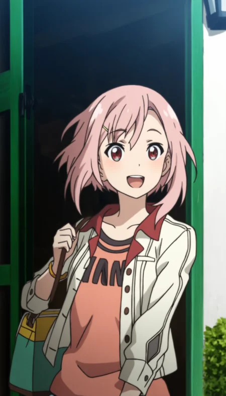 masterpiece,best quality,amazing quality,
<lora:yoshinokoharuNAI:1>,yoshinokoharu,
1girl,solo,pink hair,short hair,bangs,yellow hairpin,red eyes,white jacket,orange tank top,character print on tank top,yellow bracelet,upper body,bouncing hair,open smile,running,a green shoulder bag,outdoors,day,green door,lamp,green window frame,white wall,
