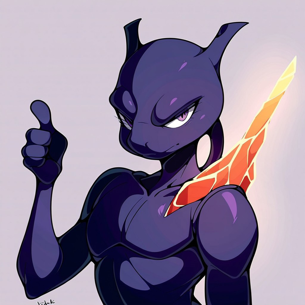 Zpdxl3, Score_7_up, score_8_up, (upper body), 2d, solo, source_anime, source_cartoon, cel shading,
BREAK,
SMewtwo, pokemon (creature),  black skin, crystal on shoulder, looking at viewer, (thumbs up), simple background,