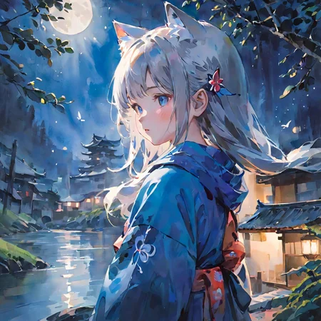 original, (masterpiece), (illustration), (extremely fine and beautiful), (perfect details), (unity CG 8K wallpaper:1.05), (beautiful and clear background:1.25), (depth of field:0.7), (1 cute girl with (2 fox ear:0.9) and (fox tail on the back:1.2) stands aside the river:1.15),little girl,yong,cute face,(cute:1.3), (detailed beautiful eyes:1.3), (beautiful face:1.3), silver hair, silver ear, (pink hair:0.7), (pink ear:0.7), long hair, (japanese kimomo:1.25), (hair blowing with the wind:1.1), (blue eye:1.1), (little girl:1.1), butterflys flying around, (moon light:0.6), tree, (summer), (night:1.2), (close-up:0.35), (gloves:0.8), solo
traditional watercolor painting,<lora:traditional_watercolor_painting:0.7>,