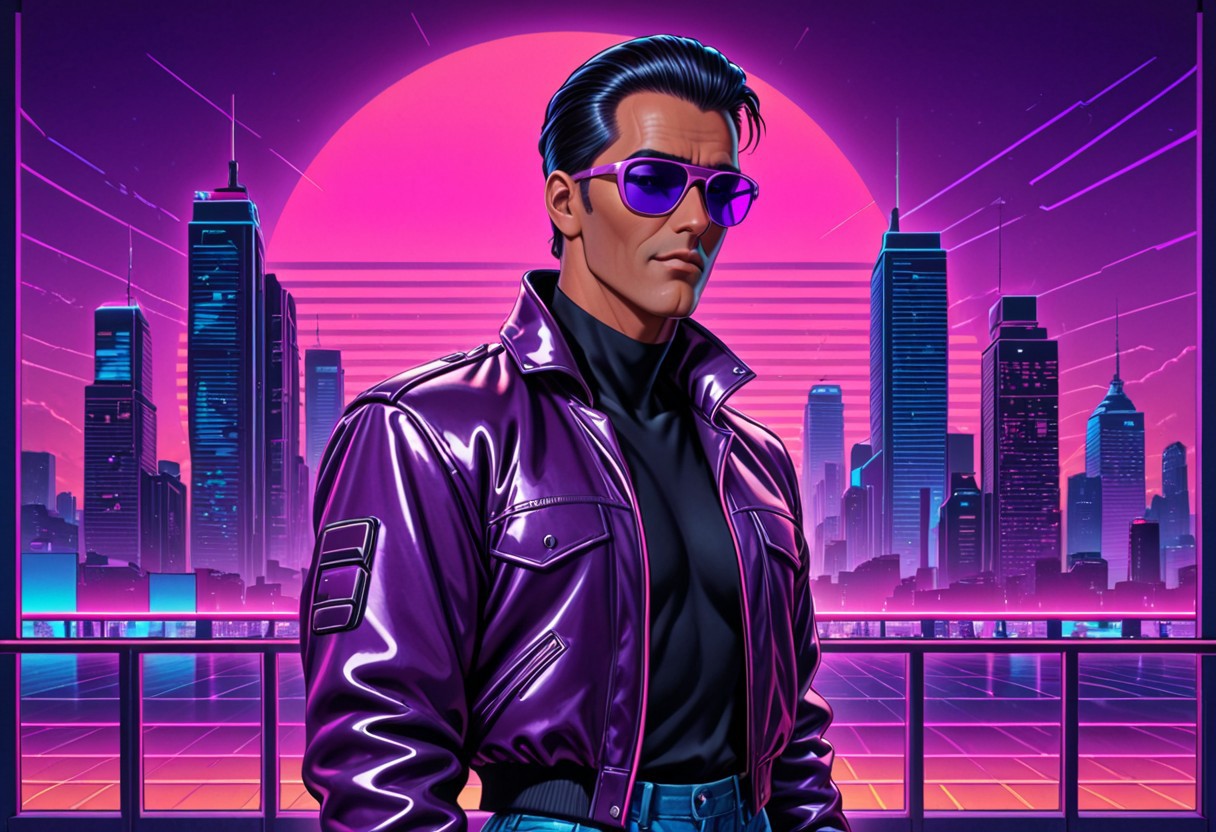 synthwave, neon lights, purple and pink glow, retro jacket, slicked-back hair, sunglasses, city skyline, glowing grid, 80s vibes, standing alone, futuristic background