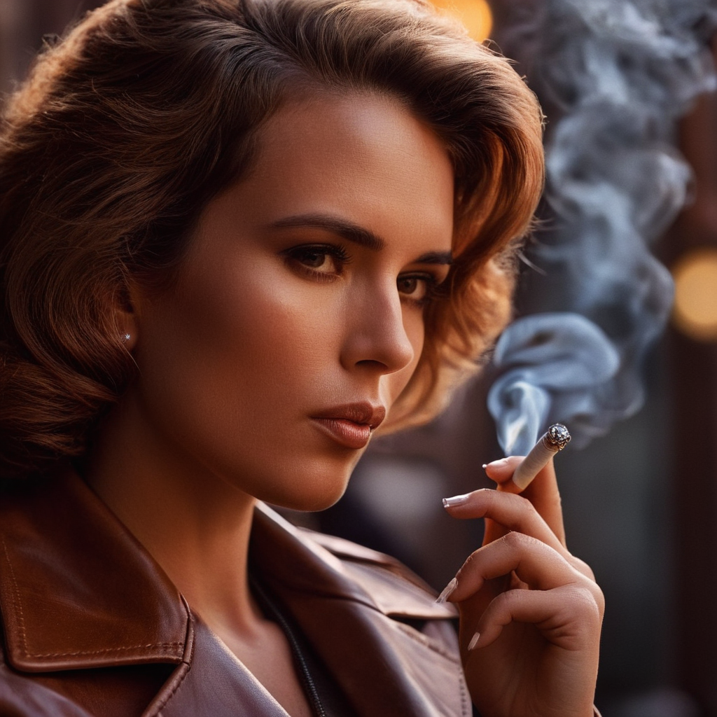 cinematic film still of <lora:detailed_notrigger:0.1>
<lora:facial expression style v2:0.1>
<lora:perfection style:0.1> perfection style
<lora:TeethXL:0.1>
<lora:detailed:0.1> detailed
<lora:skin texture style:0.2>
 <lora:SDXLHighDetail_v5:0.2>
 <lora:Cinematic Vintage Hollywood Film Style v3:1>
a woman in a brown leather jacket smoking a cigarette Cinematic Vintage Hollywood Film Style, shallow depth of field, vignette, highly detailed, high budget, bokeh, cinemascope, moody, epic, gorgeous, film grain, grainy