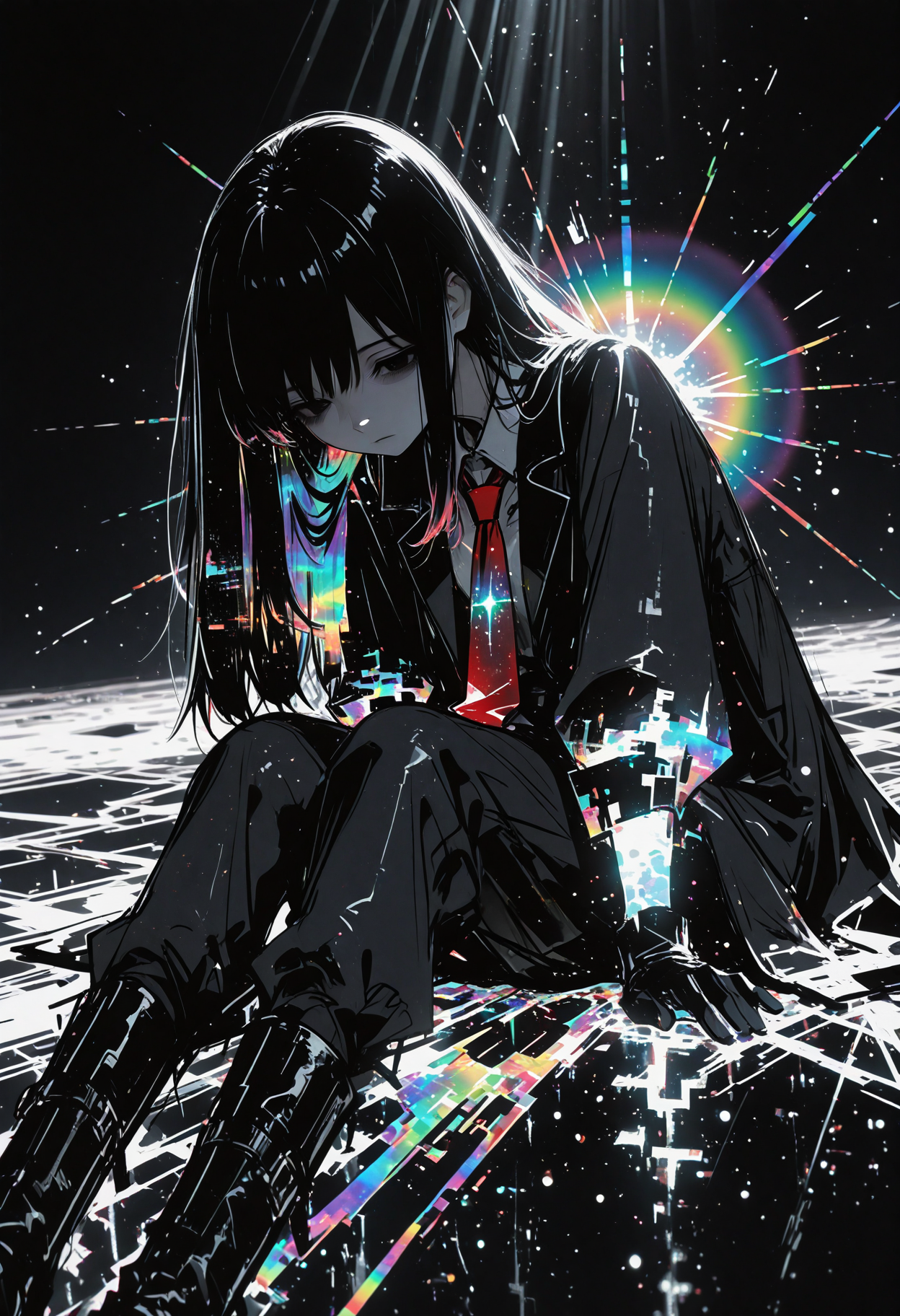 masterpiece, detailed_eyes, high_quality, best_quality, highres, absurdres, 8k, subject_focus, depth_of_field, 
1girl, solo, close-up, long black hair with subtle cosmic shimmer, black eyes with deep void-like glow, red necktie, collared shirt, black long coat with slight cosmic patterns, gloves, black pants, black boots, neutral expression, bright ethereal background, soft ambient glow, sitting, bent knnes, head rests on arms, tired, listless, emotionless, light rays, cinematic lighting, high dynamic range, glowing highlights, surreal luminous aura, rich cinematic depth, soft volumetric light, subtle light particles floating, contrast between dark outfit and luminous surroundings.,dispersion_effect, HDR_effect, spectra_effect, rainbow_prism, colored_highlights, sketch, glitch, cinematic angle, side view
 <lora:748cmSDXL:0.5> <lora:ma1ma1helmes_b:0.5>  <lora:re4lity:1>  <lora:ponyv6_noobV1_2_adamW:0.9>