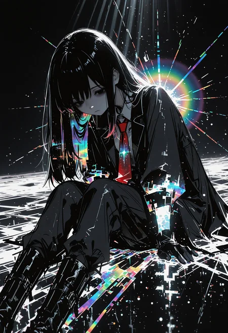 masterpiece, detailed_eyes, high_quality, best_quality, highres, absurdres, 8k, subject_focus, depth_of_field, 
1girl, solo, close-up, long black hair with subtle cosmic shimmer, black eyes with deep void-like glow, red necktie, collared shirt, black long coat with slight cosmic patterns, gloves, black pants, black boots, neutral expression, bright ethereal background, soft ambient glow, sitting, bent knnes, head rests on arms, tired, listless, emotionless, light rays, cinematic lighting, high dynamic range, glowing highlights, surreal luminous aura, rich cinematic depth, soft volumetric light, subtle light particles floating, contrast between dark outfit and luminous surroundings.,dispersion_effect, HDR_effect, spectra_effect, rainbow_prism, colored_highlights, sketch, glitch, cinematic angle, side view
 <lora:748cmSDXL:0.5> <lora:ma1ma1helmes_b:0.5>  <lora:re4lity:1>  <lora:ponyv6_noobV1_2_adamW:0.9>
