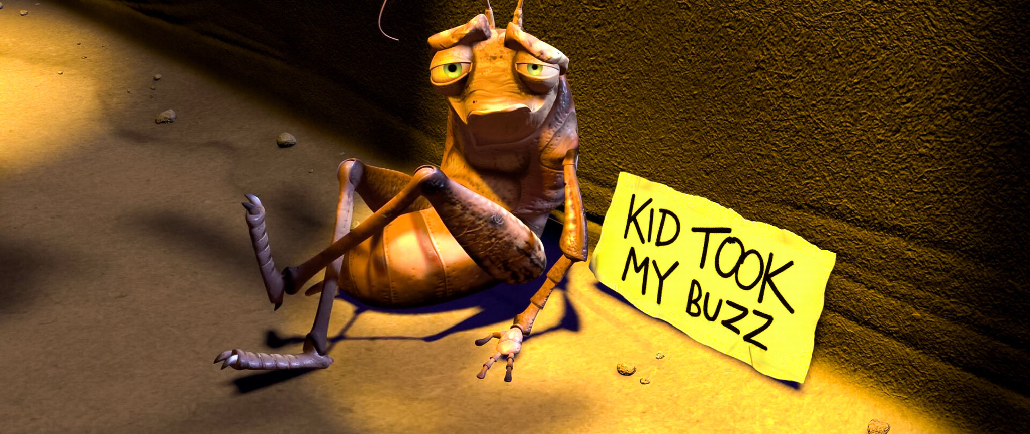 a sign that reads '[KID TOOK MY BUZZ]' in bold, uneven block