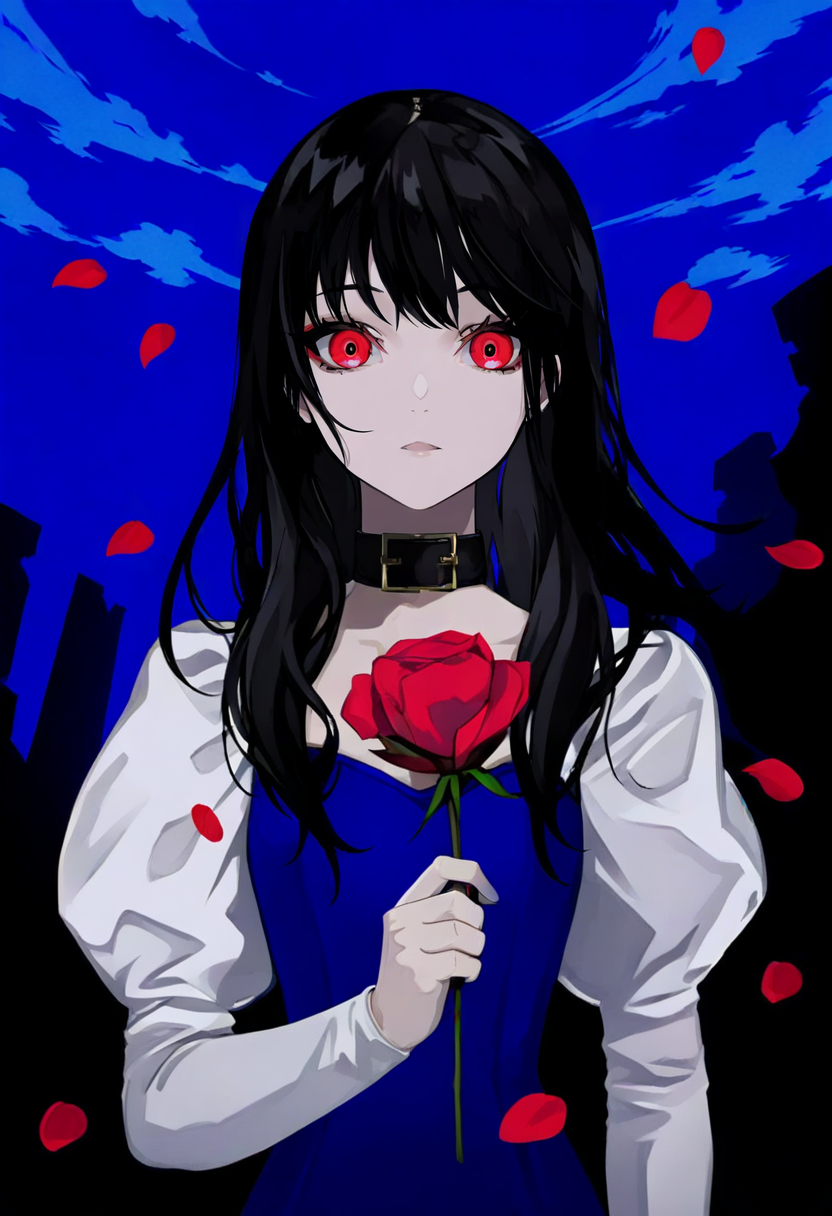 1girl, red eyes, flower, solo, holding, holding flower, petals, rose, sky, black hair, red flower, long hair, looking at viewer, long sleeves, puffy sleeves, juliet sleeves, parted lips, upper body, dress, outdoors, red rose, cloud, blue sky, collar, bangs, ruins <lora:LAMXL_NBVP1_lokr_V6311PZ:0.95>