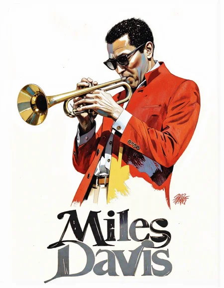 Cinematic photo. A vibrant and colorful illustration of Miles Davis, a jazz musician, playing the trumpet. he is depicted in a dynamic pose, wearing a red jacket and sunglasses, with a serious expression on his face. the background is a simple white, and at the bottom of the image, the artist's signature "Miles Davis" is written in a bold, black font. the artwork is signed by Miles Davis in the bottom right corner.