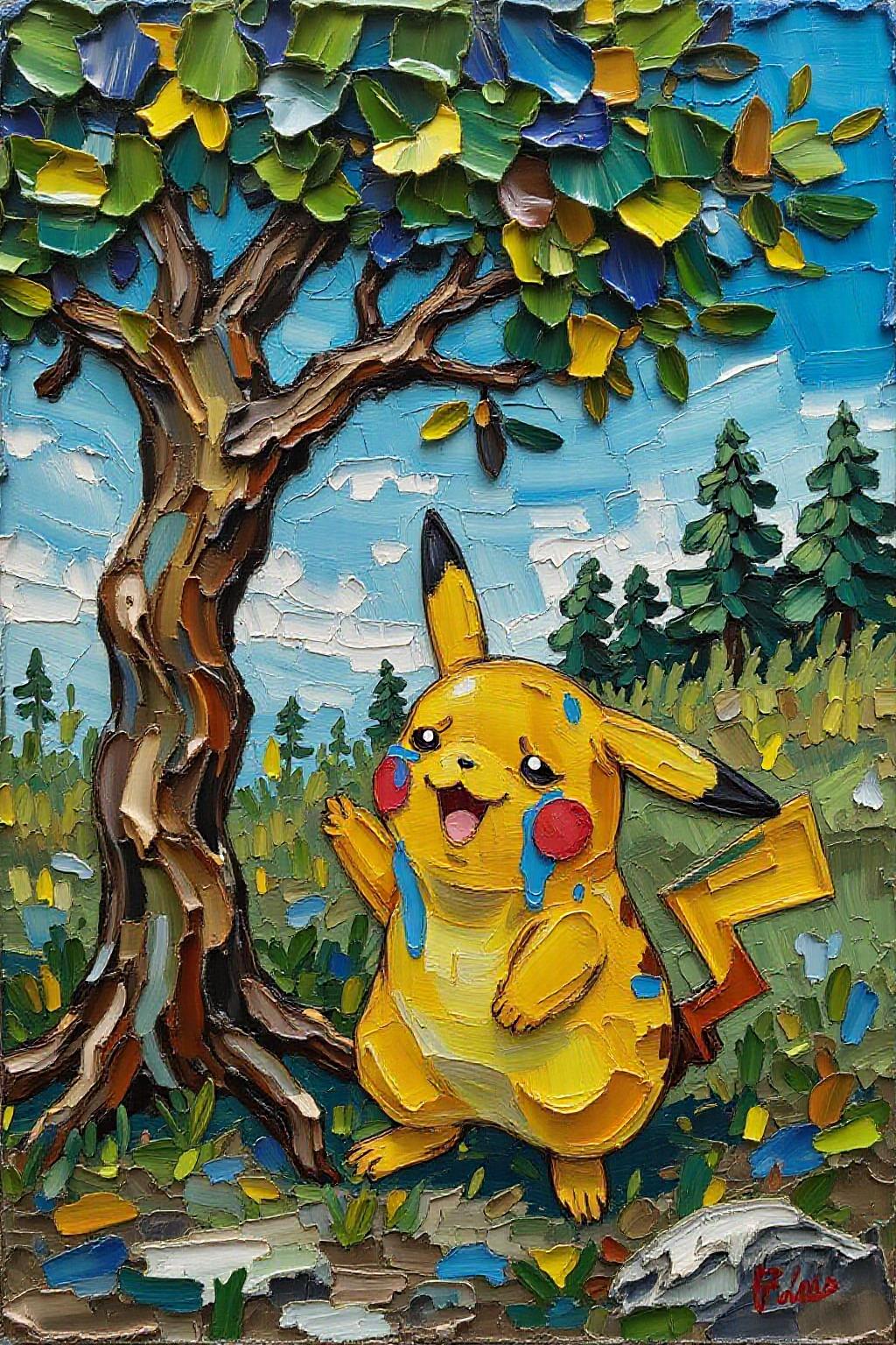 impasto oil painting. 
Pikachu crying, large tear drops on his face, under a green tree  <lora:impasto_nocap_d6a3:1.0> <lora:Flux-Sch-SingleBlocks-BF16:1.0><lora:802459182923068474:0>