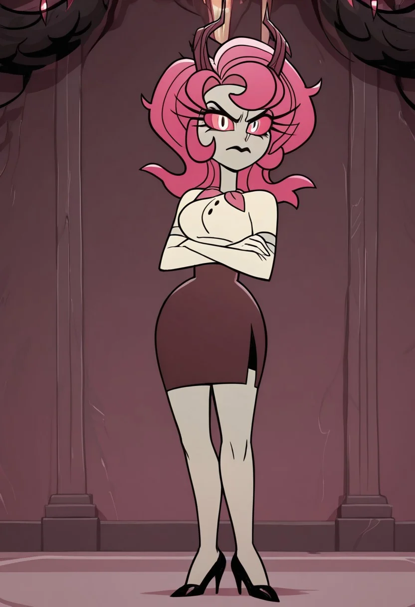 1girl, solo, beverly(Karen), pink hair, devil horns, blouse, white opera gloves, black lipstick, brown miniskirt, black high heels, closed mouth, standing, arms crossed, looking at viewer