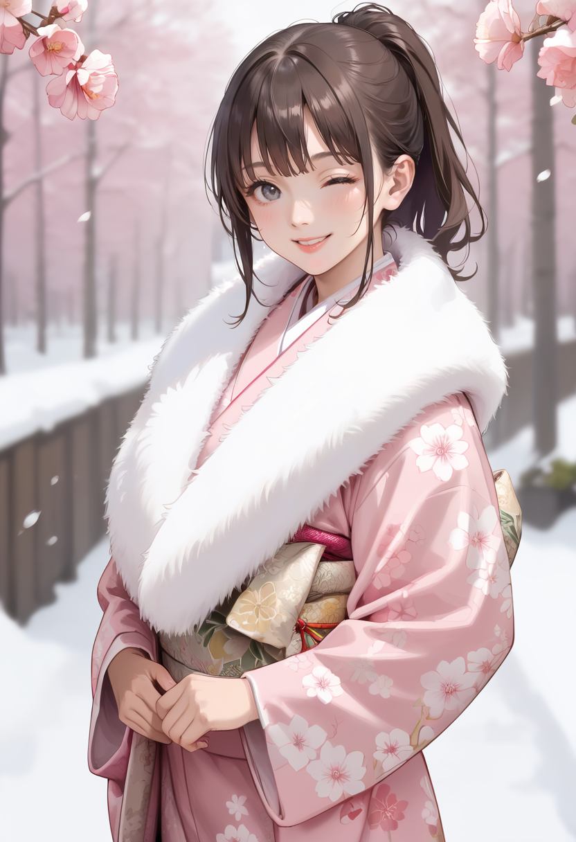 score_9, score_8_up, score_7_up,source_anime, masterpiece, best quality, perfect anatomy, very aesthetic, ((outlined outlined vector graphics)), cute face, (glow eyes:0.8), ,  looking at viewer  ,beautiful scenery,1girl,25yo, (focus female),  
20yo, brown hair, gray eyes, (large breast:1), (ponytail:1.1), medium hair,(curvy:1.1),bangs
, grey fur ,  pink  kimono, furisode, furisode-with-fur , smile beam ,  wink , clothed,winter   , flowers , floral pattern <lora:furisode-with-fur-pony-01:1>