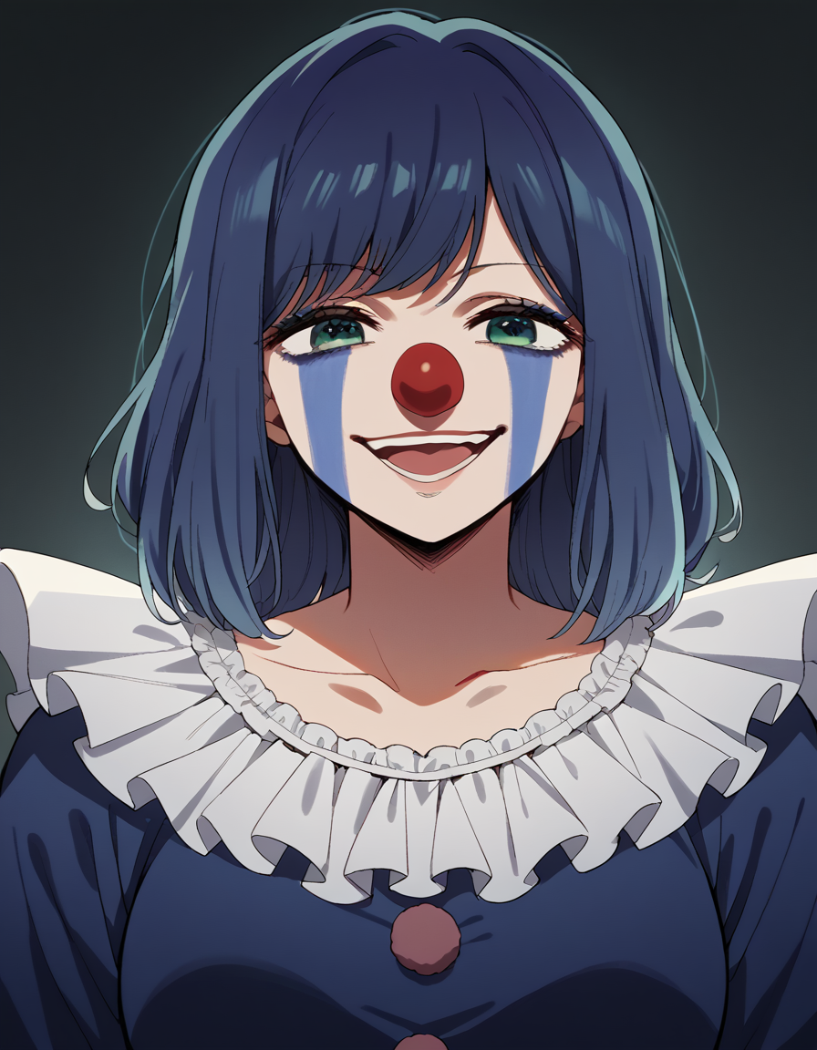 score_9, score_8_up, score_7_up, source_anime, <lora:akane-kurokawa-s1-ponyxl-lora-nochekaiser:1>, akane kurokawa, bangs, green eyes, blue hair, medium hair, dark blue hair, large breasts, <lora:clown-ponyxl-lora-nochekaiser:1>, clown, makeup, clown nose, facepaint, gloves, long sleeves, frills, dress,, smile, open mouth, smug,, cowboy shot