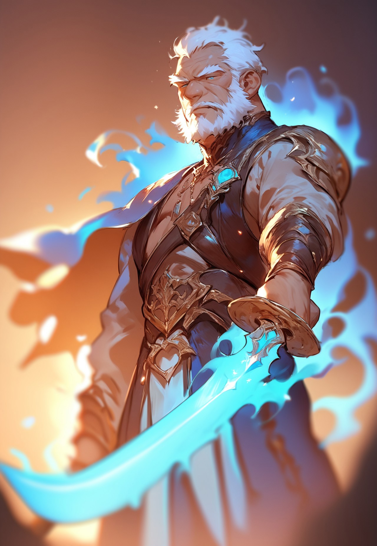 Score_9, score_8_up, score_7_up, score_6_up, score_5_up, score_4_up, 1man, dark theme, holding sword, glowing sword, depth of field, blue power from sword, source_anime, old man, white beard, 